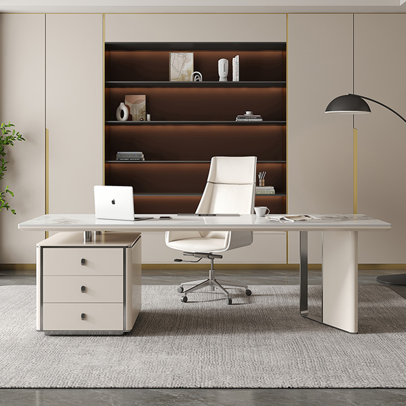 Office Furniture In China - 引き出し収納キャビネットと金属製の脚が付いたモダンな焼結石デスク、ホームオフィスや書斎用の現代的なライティングテーブル