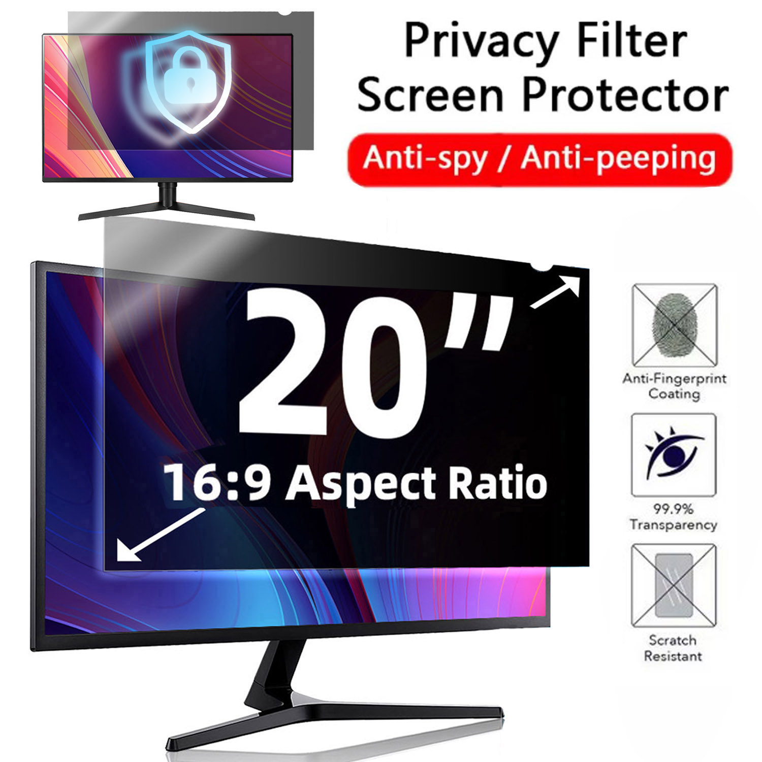 Monitor Privacy Filter - 20 インチコンピュータプライバシースクリーンフィルター 16:9 ワイドスクリーン取り外し可能 PC 20
