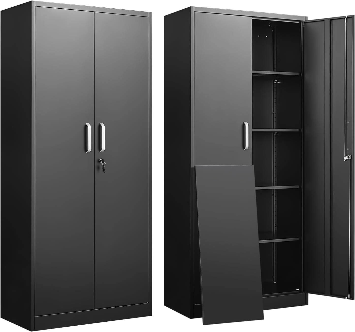 Locker Storage Metal - 調節可能な棚付き金属製収納キャビネット ドアと棚付きの黒いガレージキャビネット ホームオフィス用の大容量ファイルラック 背の高いキッチンパントリーロッカー ユーティリティ収納オーガナイザー