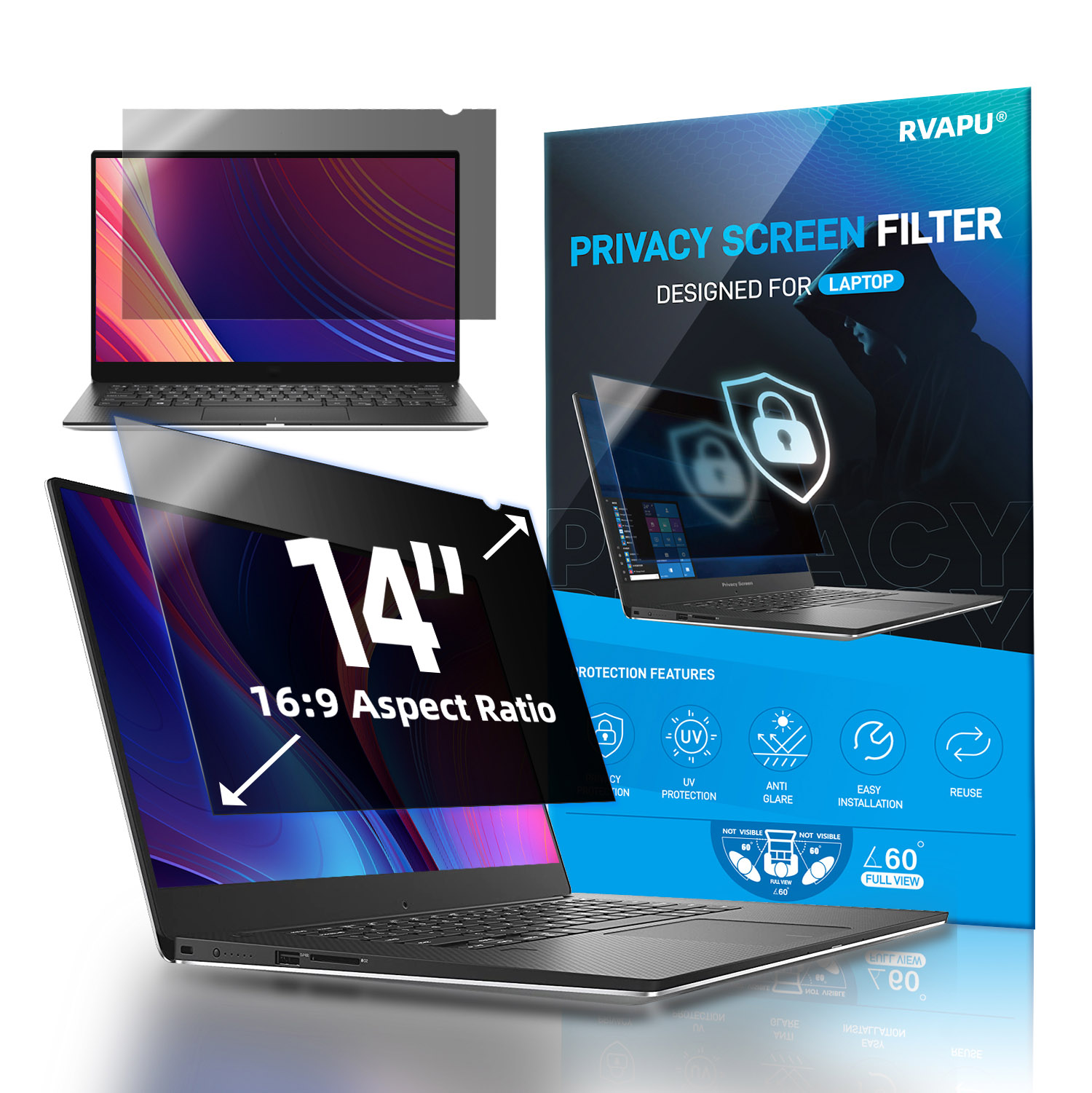 Monitor Privacy Filter - ラップトップ用の取り外し可能なのぞき見防止スクリーンプロテクター、プライバシースクリーンプロテクター、青い光フィルターフィルム、16:9の比率、ノートブック、PC、14インチ