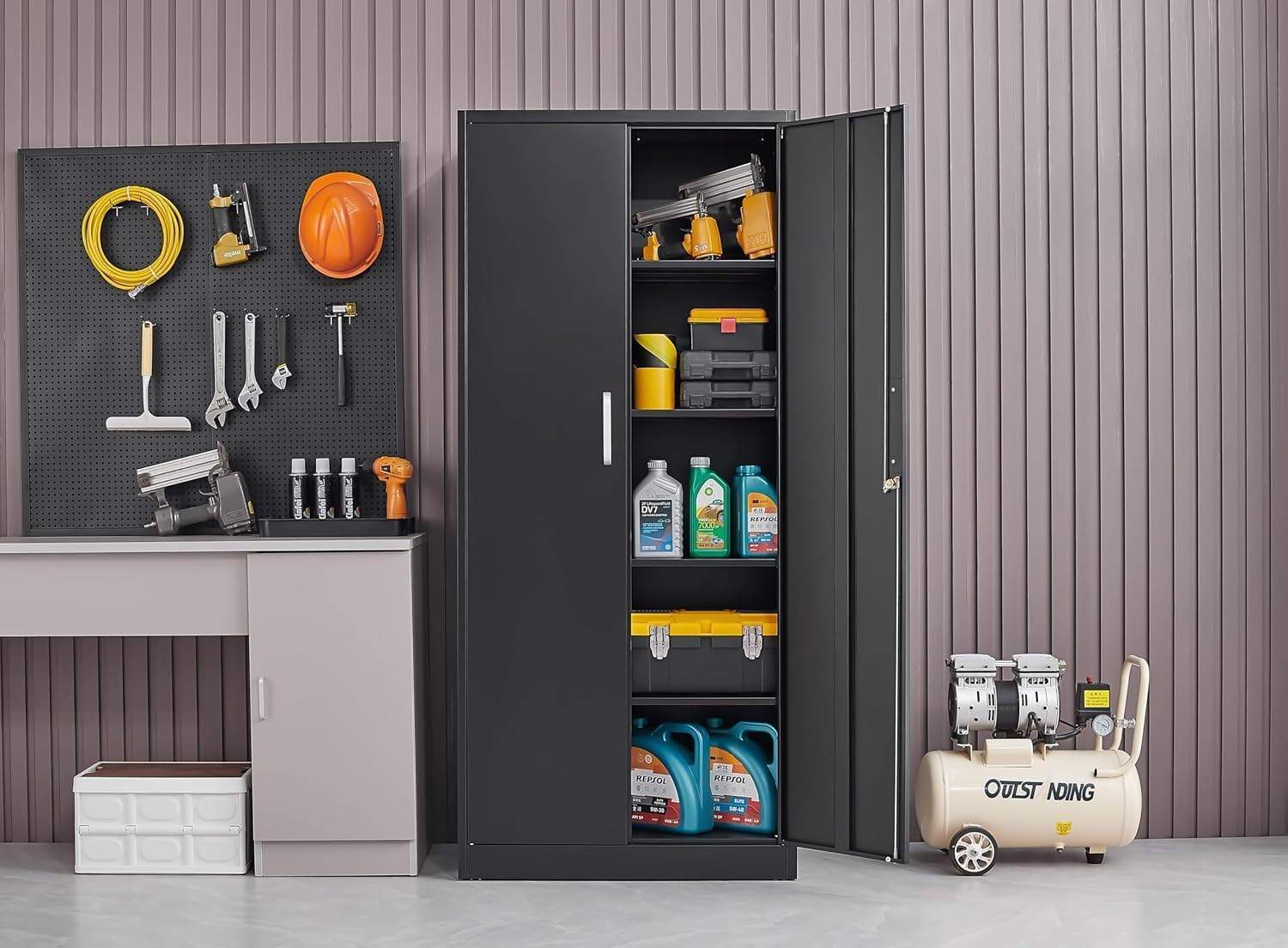 調節可能な棚付き金属製収納キャビネット ドアと棚付きの黒いガ - Locker Storage Metal のレビューと価格