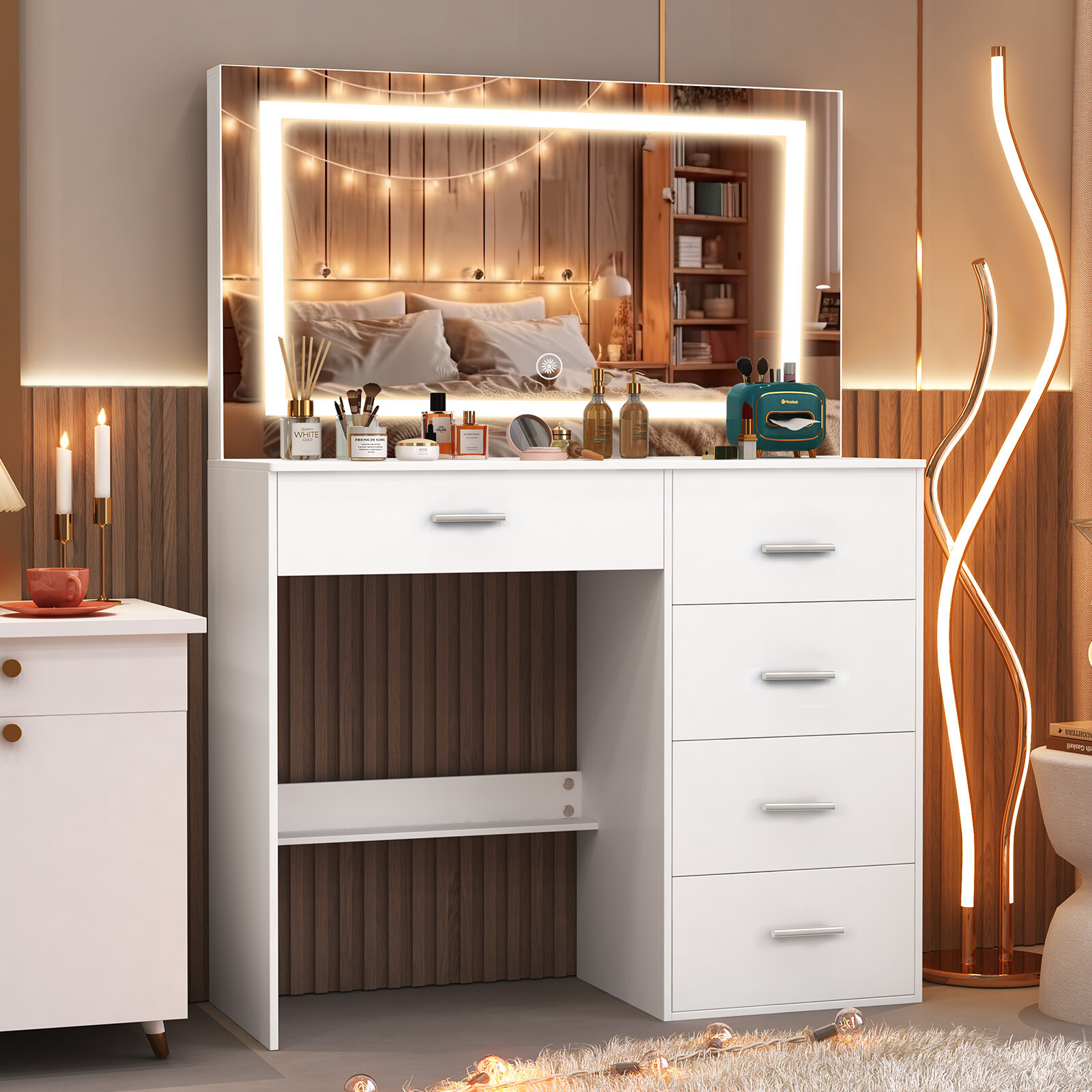 白いモダンな化粧台、LEDライト付きミラーと複数の収納引き出 - Office Furniture Now のレビューと価格